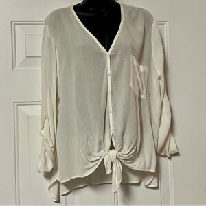 KAREN KANE Ivory Oversized V Neck Drape 3/4 Roll Tab Sleeve Tie Waist Top L